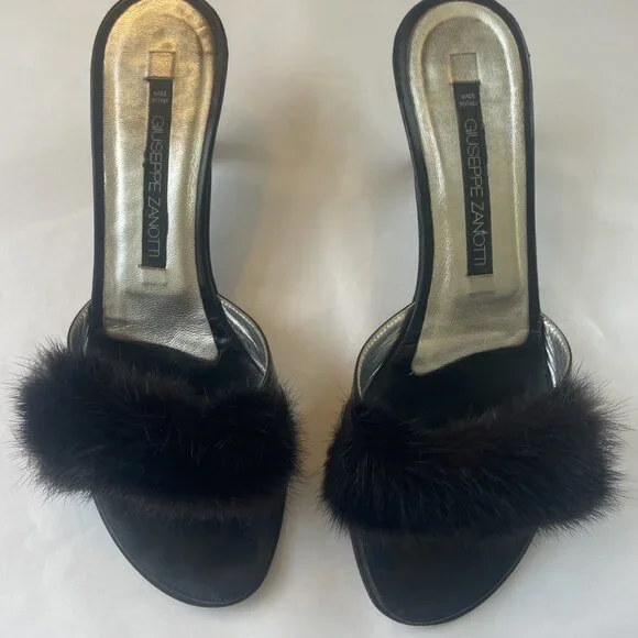 Giuseppe Zanotti Black Leather Kitten Heel Slides With Mink Fur - Picture 2 of 11